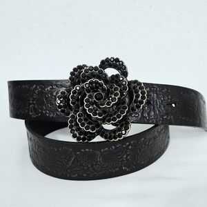 Fossil Floral Embossed Leather Belt with Rhinestone Flower Buckle in Bla…